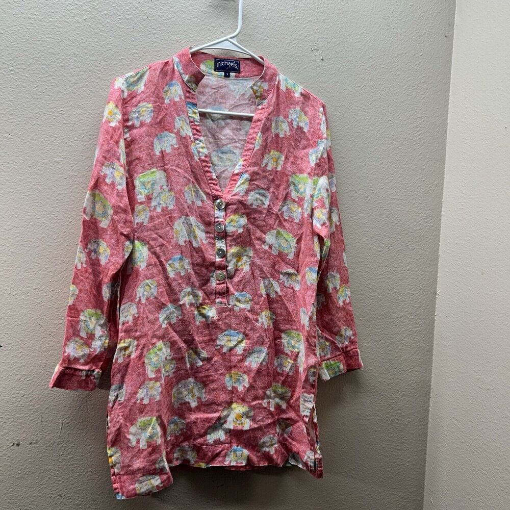Michael's Lagenlook Boho 100%‎ Linen Tunic Top Elephant Print Size Small Pink